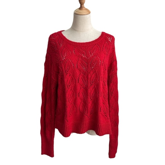Anthropologie Red Pointelle Open Weave Knit Long Sleeve Sweater Size Medium - Picture 1 of 7